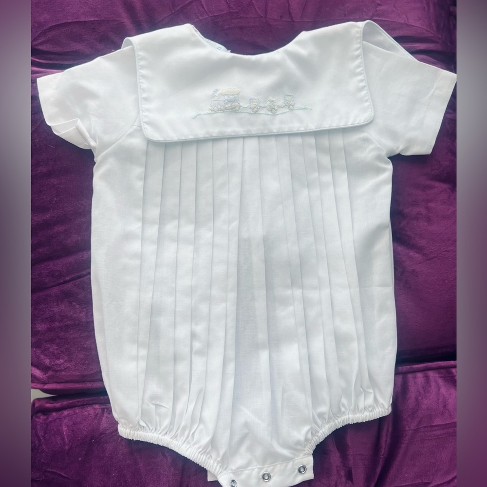 Petit Ami Square Collar Romper and matching bib with Train Embroidery
